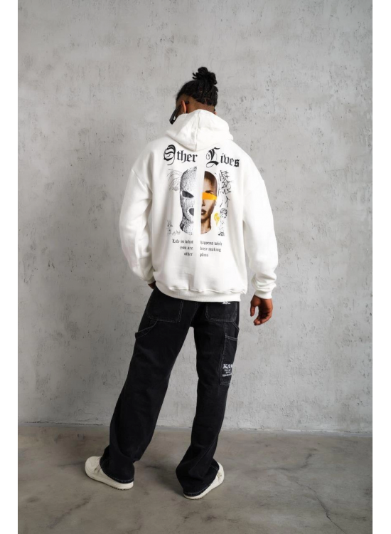 Erkek Kapüşonlu Kanguru Cepli Sweatshirt 3 İplik Pamuklu Baskılı Hoodie - Beyaz Erkek Kapüşonlu Kanguru Cepli Sweatshirt 3 İplik Pamuklu Baskılı Hoodie - Beyaz