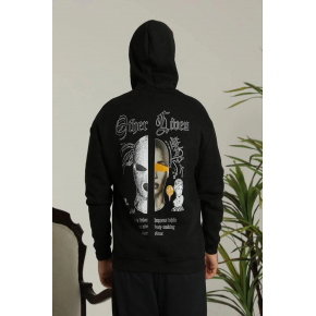 Erkek 3 İplik Pamuklu Kapüşonlu Baskılı Cepli Oversize Sweatshirt Hoodie - Siyah