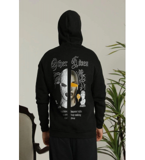 Erkek 3 İplik Pamuklu Kapüşonlu Baskılı Cepli Oversize Sweatshirt Hoodie - Siyah