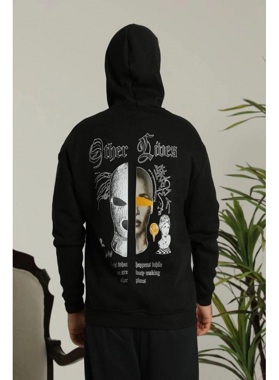 Erkek 3 İplik Pamuklu Kapüşonlu Baskılı Cepli Oversize Sweatshirt Hoodie - Siyah Erkek 3 İplik Pamuklu Kapüşonlu Baskılı Cepli Oversize Sweatshirt Hoodie - Siyah