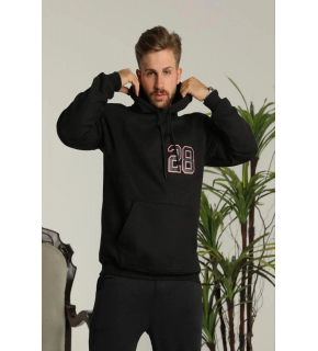Erkek 3 İplik Pamuklu Kapüşonlu Baskılı Cepli Oversize Sweatshirt Hoodie - Siyah