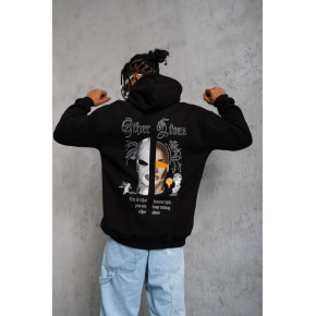 Erkek Kapüşonlu Kanguru Cepli Sweatshirt 3 İplik Pamuklu Baskılı Hoodie - Siyah