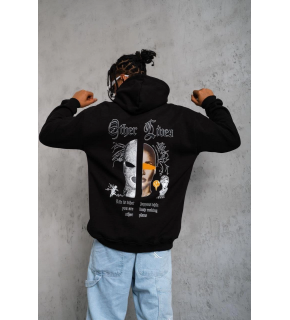 Erkek Kapüşonlu Kanguru Cepli Sweatshirt 3 İplik Pamuklu Baskılı Hoodie - Siyah