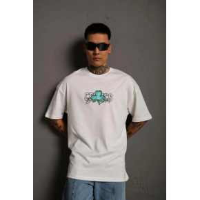 Erkek Kısa Kol Yazlık Tişört Bisiklet Yaka Baskılı Oversize T-Shirt - Beyaz