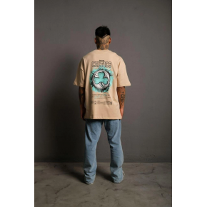 Erkek Kısa Kol Yazlık Tişört Bisiklet Yaka Baskılı Oversize T-Shirt - Bej