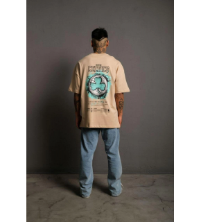 Erkek Kısa Kol Yazlık Tişört Bisiklet Yaka Baskılı Oversize T-Shirt - Bej