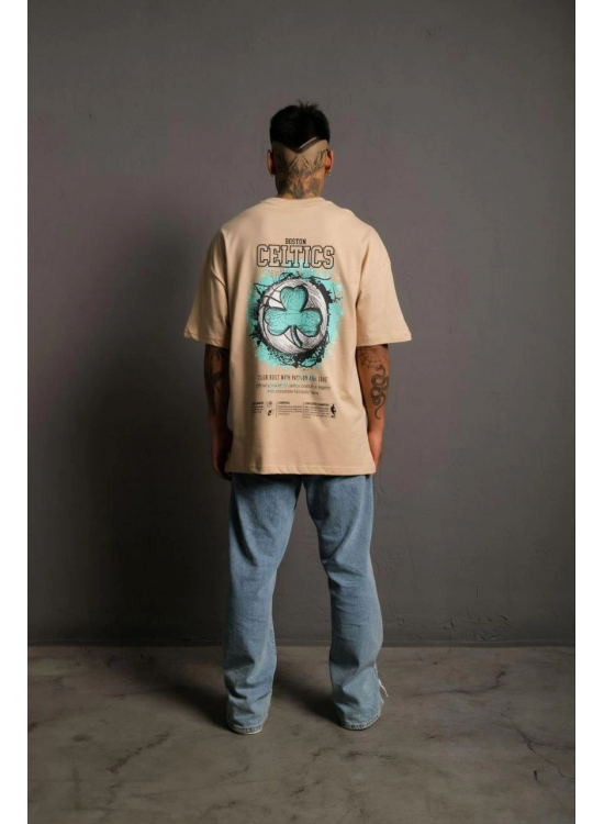Erkek Kısa Kol Yazlık Tişört Bisiklet Yaka Baskılı Oversize T-Shirt - Bej