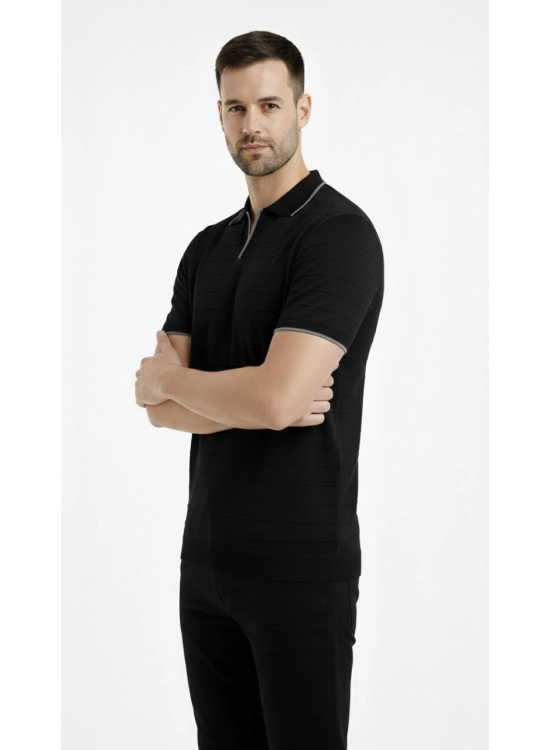 Erkek Yazlık Dokuma Triko Tişört Düğmesiz Polo Yaka Kısa Kol T-Shirt - Siyah Erkek Yazlık Dokuma Triko Tişört Düğmesiz Polo Yaka Kısa Kol T-Shirt - Siyah