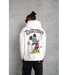 Erkek 3 İplik Pamuklu Kapüşonlu Baskılı Cepli Oversize Sweatshirt Hoodie - Beyaz