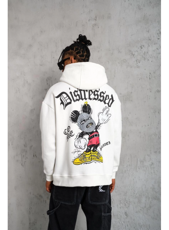 Erkek 3 İplik Pamuklu Kapüşonlu Baskılı Cepli Oversize Sweatshirt Hoodie - Beyaz Erkek 3 İplik Pamuklu Kapüşonlu Baskılı Cepli Oversize Sweatshirt Hoodie - Beyaz