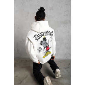 Erkek 3 İplik Pamuklu Kapüşonlu Baskılı Cepli Oversize Sweatshirt Hoodie - Beyaz