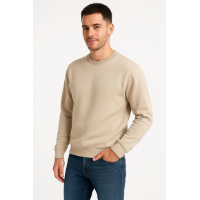 Erkek 3 İplik Pamuklu Düz Bisiklet Yaka SweatShirt - Bej