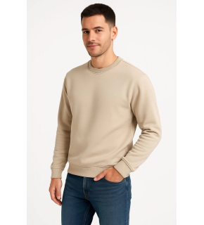 Erkek 3 İplik Pamuklu Düz Bisiklet Yaka SweatShirt - Bej