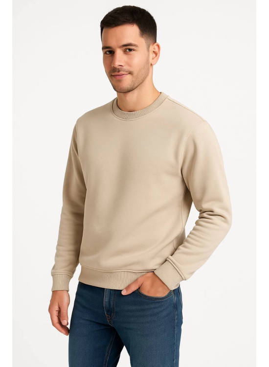 Erkek 3 İplik Pamuklu Düz Bisiklet Yaka SweatShirt - Bej