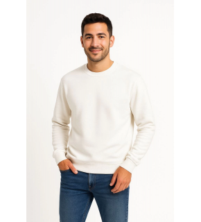Erkek 3 İplik Pamuklu Düz Bisiklet Yaka SweatShirt - Beyaz