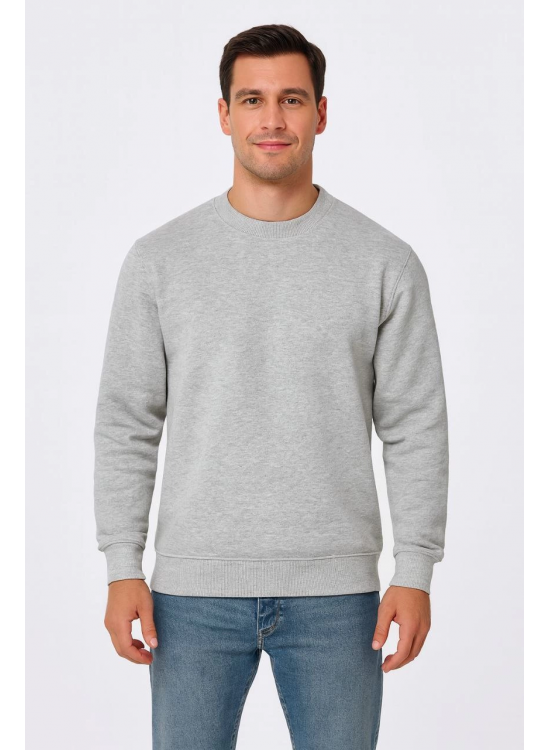 Erkek 3 İplik Pamuklu Düz Bisiklet Yaka SweatShirt - Gri