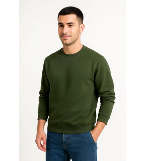Erkek 3 İplik Pamuklu Düz Bisiklet Yaka SweatShirt - Haki