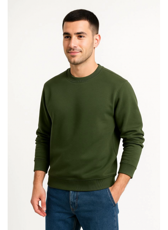 Erkek 3 İplik Pamuklu Düz Bisiklet Yaka SweatShirt - Haki