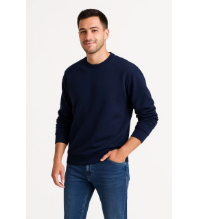 Erkek 3 İplik Pamuklu Düz Bisiklet Yaka SweatShirt - Lacivert