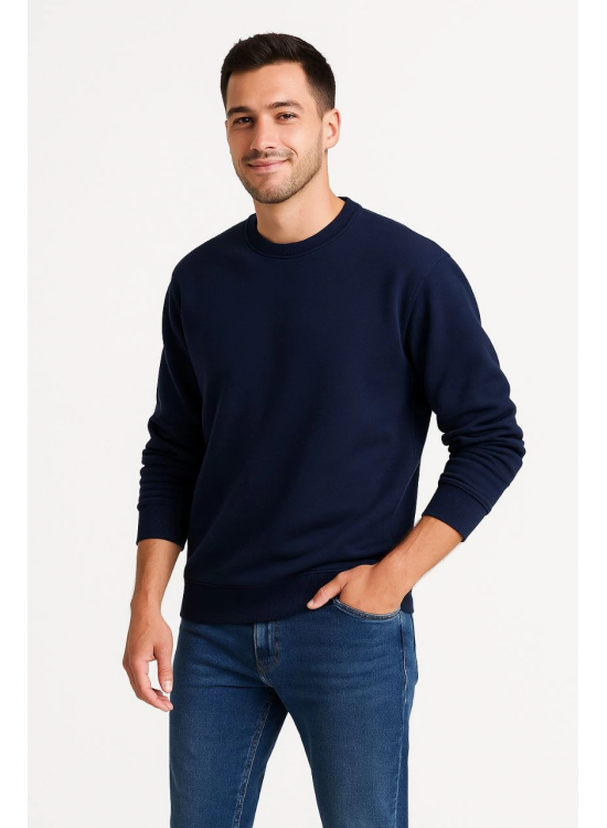 Erkek 3 İplik Pamuklu Düz Bisiklet Yaka SweatShirt - Lacivert