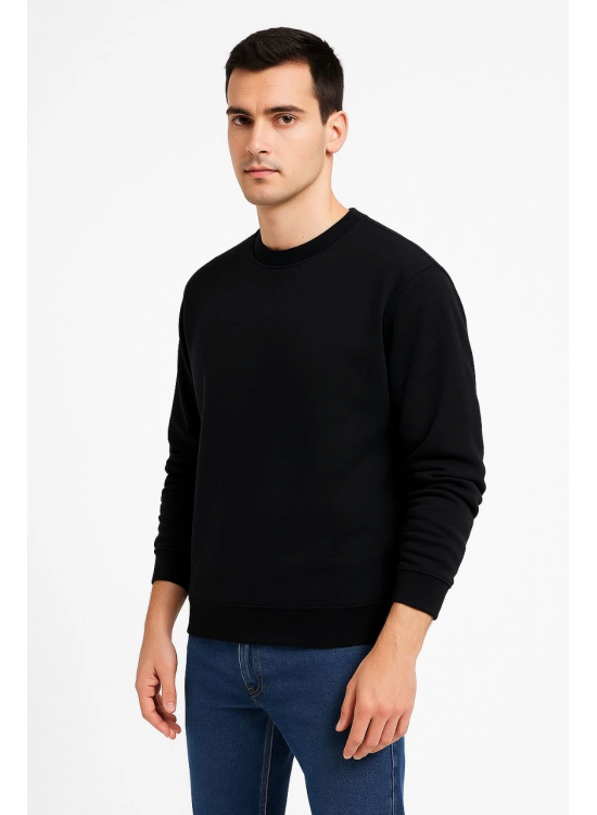 Erkek 3 İplik Pamuklu Düz Bisiklet Yaka SweatShirt - Siyah