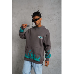 Erkek 3 iplik Pamuklu Alev Baskılı Kapüşonlu hoodie Sweatshirt - Gri