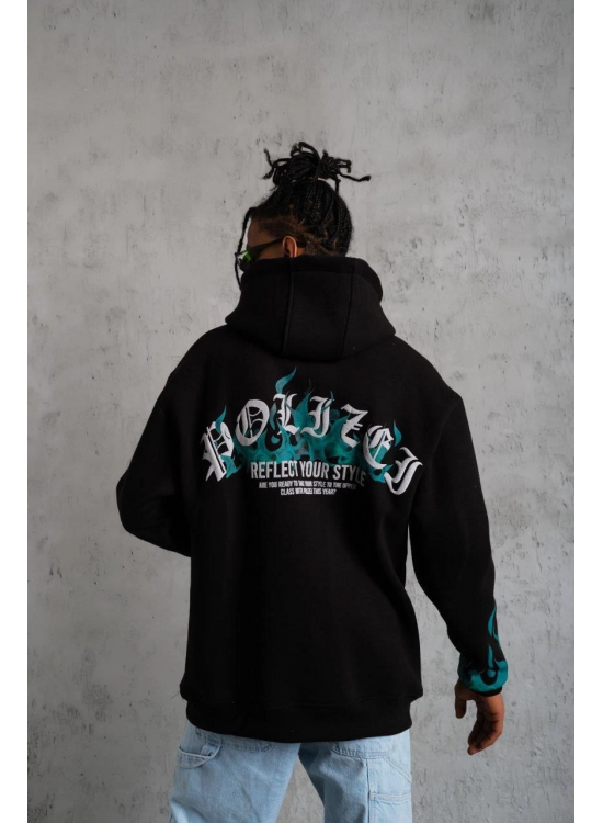Erkek 3 İplik Pamuklu Alev Baskılı Kapüşonlu hoodie Sweatshirt - Siyah