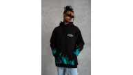 Erkek 3 İplik Pamuklu Alev Baskılı Kapüşonlu hoodie Sweatshirt - Siyah