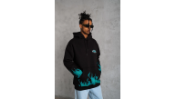 Erkek 3 İplik Pamuklu Alev Baskılı Kapüşonlu hoodie Sweatshirt - Siyah