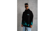 Erkek 3 İplik Pamuklu Alev Baskılı Kapüşonlu hoodie Sweatshirt - Siyah