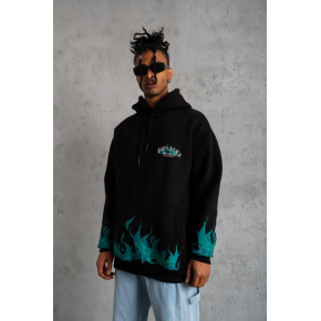 Erkek 3 İplik Pamuklu Alev Baskılı Kapüşonlu hoodie Sweatshirt - Siyah