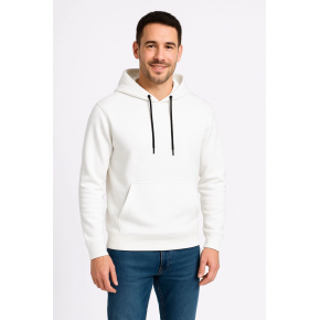 Erkek 3 İplik Pamuklu Kapüşonlu Kanguru Cepli SweatShirt hoodie - Beyaz