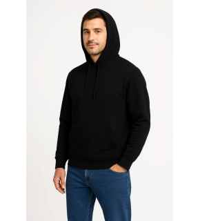 Erkek 3 İplik Pamuklu Kapüşonlu Kanguru Cepli SweatShirt hoodie - Siyah