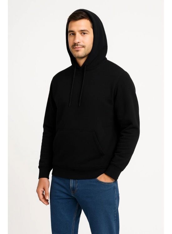 Erkek 3 İplik Pamuklu Kapüşonlu Kanguru Cepli SweatShirt hoodie - Siyah Erkek 3 İplik Pamuklu Kapüşonlu Kanguru Cepli SweatShirt hoodie - Siyah
