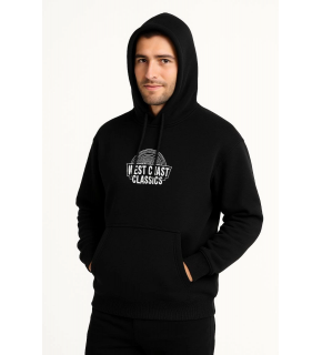 Erkek Kapüşonlu Kanguru Cepli Sweatshirt 3 İplik Pamuklu Baskılı Hoodie -  Siyah