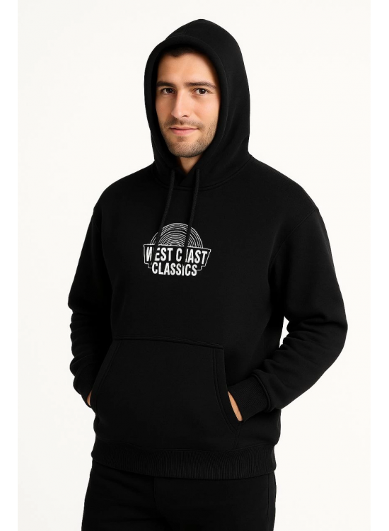 Erkek Kapüşonlu Kanguru Cepli Sweatshirt 3 İplik Pamuklu Baskılı Hoodie - Siyah Erkek Kapüşonlu Kanguru Cepli Sweatshirt 3 İplik Pamuklu Baskılı Hoodie - Siyah