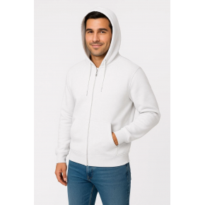 Erkek 3 İplik Pamuklu Kapüşonlu Tam Fermuarlı Cepli Hoodie Sweatshirt - Beyaz