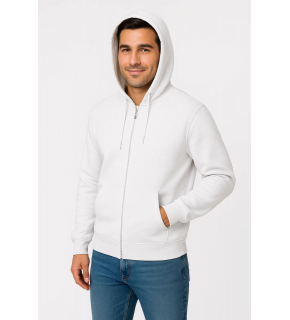 Erkek 3 İplik Pamuklu Kapüşonlu Tam Fermuarlı Cepli Hoodie Sweatshirt - Beyaz