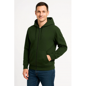 Erkek 3 İplik Pamuklu Kapüşonlu Tam Fermuarlı Cepli Hoodie Sweatshirt - Haki
