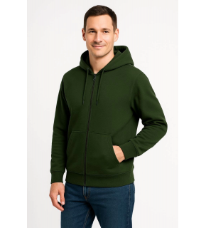 Erkek 3 İplik Pamuklu Kapüşonlu Tam Fermuarlı Cepli Hoodie Sweatshirt - Haki