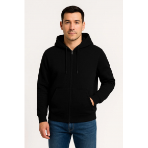 Erkek 3 İplik Pamuklu Kapüşonlu Tam Fermuarlı Cepli Hoodie Sweatshirt - Siyah