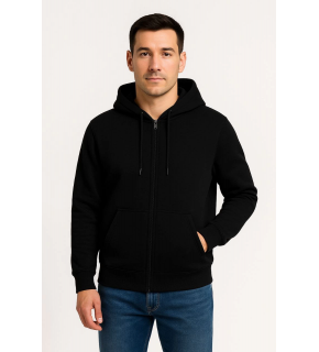 Erkek 3 İplik Pamuklu Kapüşonlu Tam Fermuarlı Cepli Hoodie Sweatshirt - Siyah