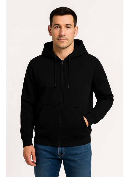 Erkek 3 İplik Pamuklu Kapüşonlu Tam Fermuarlı Cepli Hoodie Sweatshirt - Siyah Erkek 3 İplik Pamuklu Kapüşonlu Tam Fermuarlı Cepli Hoodie Sweatshirt - Siyah