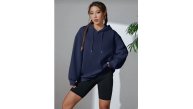 Kadın Kapüşonlu Kanguru Cepli 3 İplik Pamuklu Oversize Hoodie Sweatshirt - Lacivert