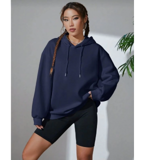 Kadın Kapüşonlu Kanguru Cepli 3 İplik Pamuklu Oversize Hoodie Sweatshirt - Lacivert