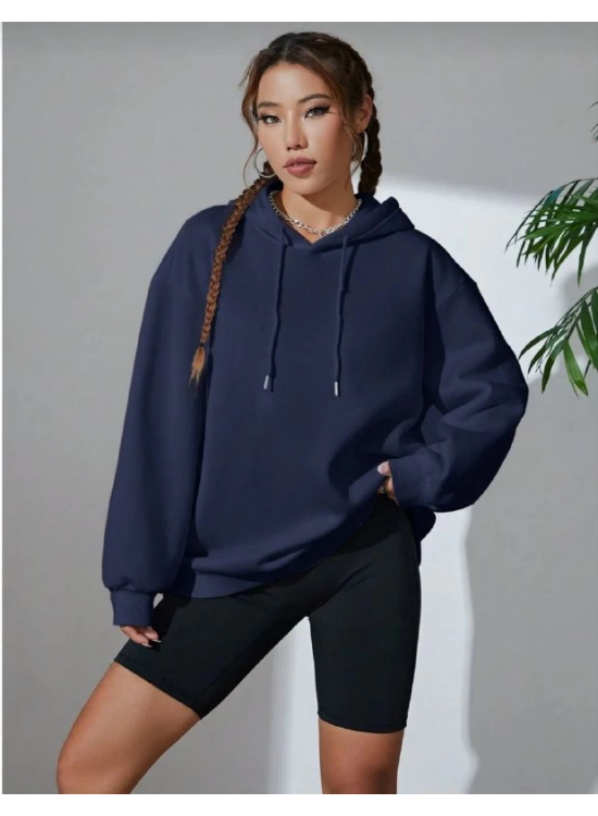 Kadın Kapüşonlu Kanguru Cepli 3 İplik Pamuklu Oversize Hoodie Sweatshirt - Lacivert