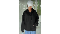 Kadın Kapüşonlu Kanguru Cepli 3 İplik Pamuklu Oversize Hoodie Sweatshirt - Siyah Kadın Kapüşonlu Kanguru Cepli 3 İplik Pamuklu Oversize Hoodie Sweatshirt - Siyah