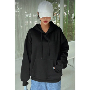 Kadın Kapüşonlu Kanguru Cepli 3 İplik Pamuklu Oversize Hoodie Sweatshirt - Siyah