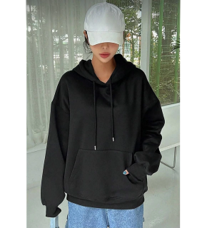 Kadın Kapüşonlu Kanguru Cepli 3 İplik Pamuklu Oversize Hoodie Sweatshirt - Siyah