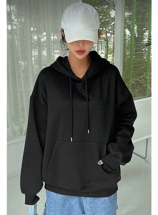 Kadın Kapüşonlu Kanguru Cepli 3 İplik Pamuklu Oversize Hoodie Sweatshirt - Siyah Kadın Kapüşonlu Kanguru Cepli 3 İplik Pamuklu Oversize Hoodie Sweatshirt - Siyah